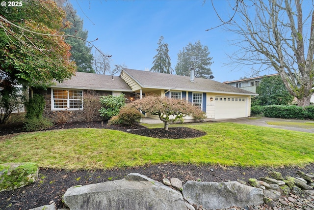 single story home with a garage and a front yard