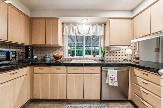 kitchen featuring stainless steel appliances, sink, and light brown cabinets