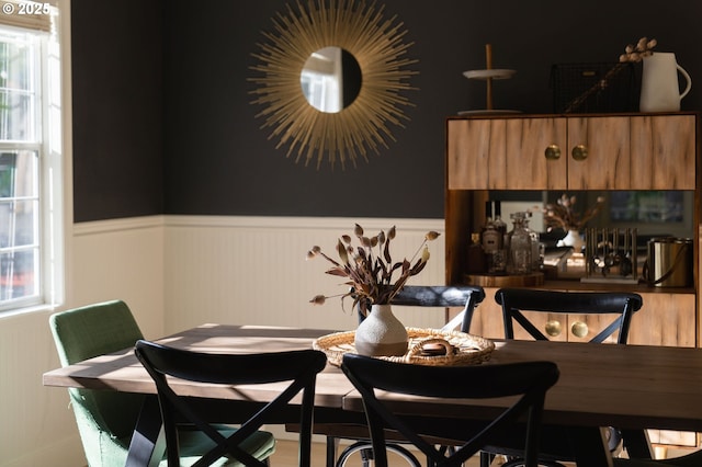 dining area with a wainscoted wall