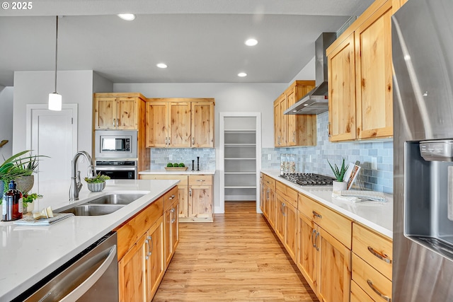 3985 SE Lostine Ln, Hillsboro, OR 97123 - kitchen featuring appliances with stainless steel finishes, wall chimney exhaust hood, a sink, light wood-style floors, and light countertops