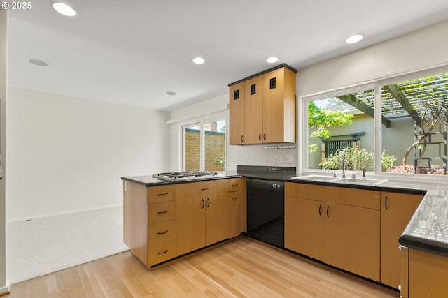 kitchen featuring a sink, a peninsula, black dishwasher, light wood-style flooring, and a wealth of natural light