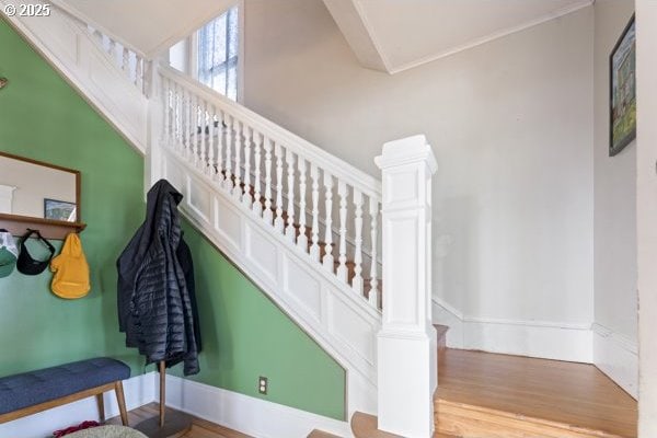1508 Union Ave, North Bend, OR 97459 - stairs featuring wood finished floors and ornamental molding