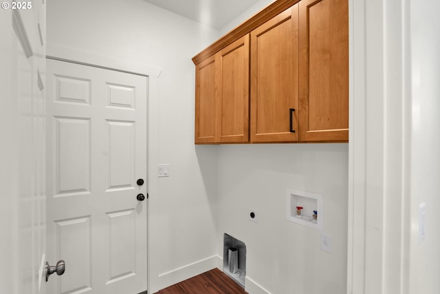 48438 E Meadow Way, Oakridge, OR 97463 - laundry room with cabinet space, washer hookup, hookup for an electric dryer, and dark wood-style floors
