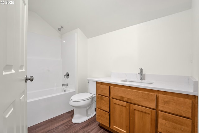 48438 E Meadow Way, Oakridge, OR 97463 - full bathroom featuring vanity, wood finished floors, shower / tub combination, and vaulted ceiling