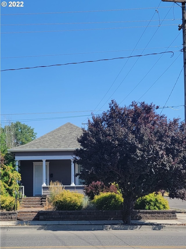 bungalow with covered porch and a shingled roof