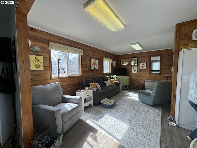 living room featuring dark wood finished floors and wood walls