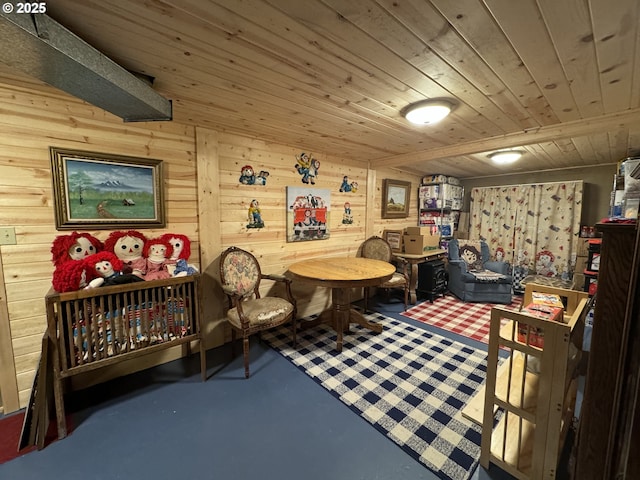 interior space with wood walls, wood ceiling, and finished concrete flooring