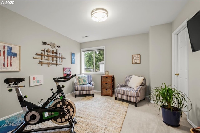 exercise room with light carpet, baseboards, and visible vents