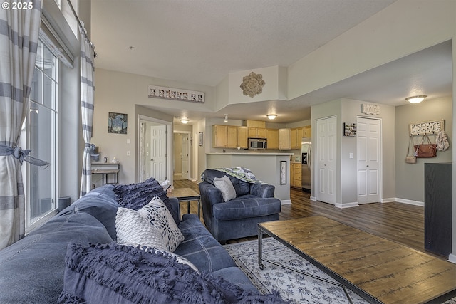 living room with baseboards and dark wood finished floors