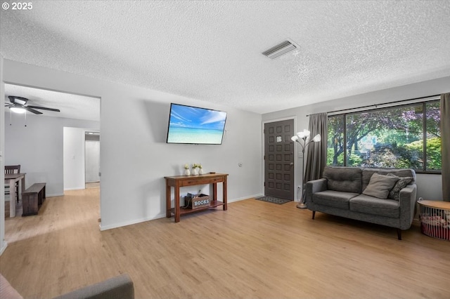 9532 SW Whitford Ln, Beaverton, OR 97008 - living area featuring a textured ceiling, light wood finished floors, ceiling fan, and baseboards