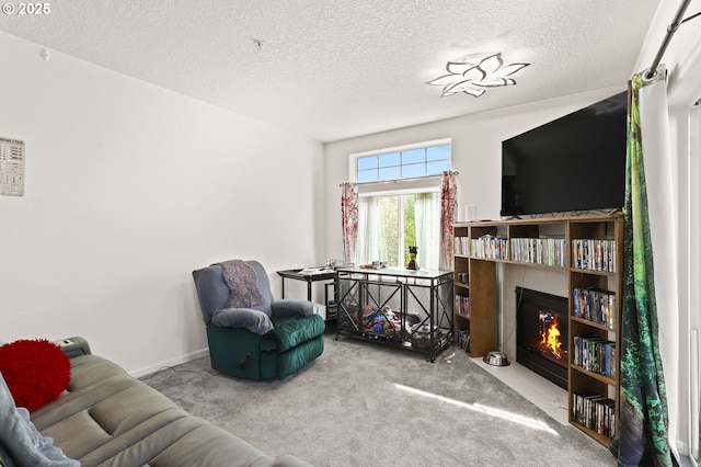 14600 SW Magpie Ln Unit 102, Beaverton, OR 97007 - carpeted living area featuring a fireplace with flush hearth, a textured ceiling, and baseboards