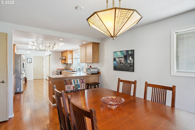 dining space featuring light wood finished floors and an inviting chandelier