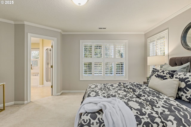 bedroom with carpet, visible vents, a textured ceiling, and ornamental molding