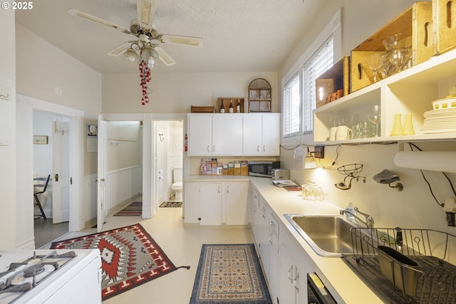 1817 SE 12th Ave, Portland, OR 97214 - kitchen with stainless steel microwave, a ceiling fan, a sink, white cabinets, and light countertops