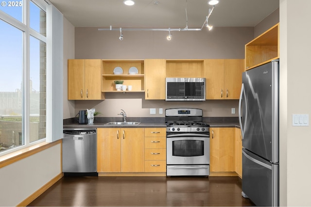 kitchen with open shelves, appliances with stainless steel finishes, a sink, and a healthy amount of sunlight