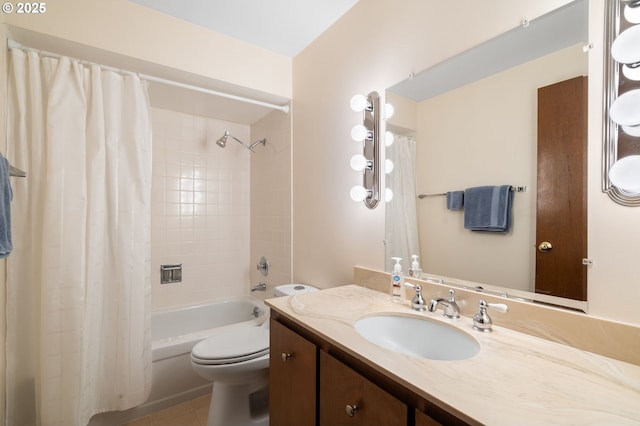 bathroom featuring toilet, shower / bathtub combination with curtain, tile patterned flooring, and vanity