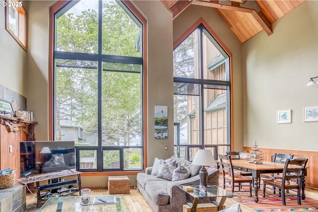 3360 NW Oceanview Dr, Newport, OR 97365 - living area with high vaulted ceiling, wooden ceiling with exposed beams, wood finished floors, and healthy amount of natural light