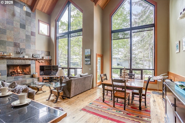 3360 NW Oceanview Dr, Newport, OR 97365 - dining room with high vaulted ceiling, wood-type flooring, plenty of natural light, and a fireplace