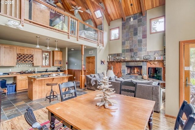 3360 NW Oceanview Dr, Newport, OR 97365 - dining room featuring high vaulted ceiling, wainscoting, plenty of natural light, wood ceiling, and wet bar