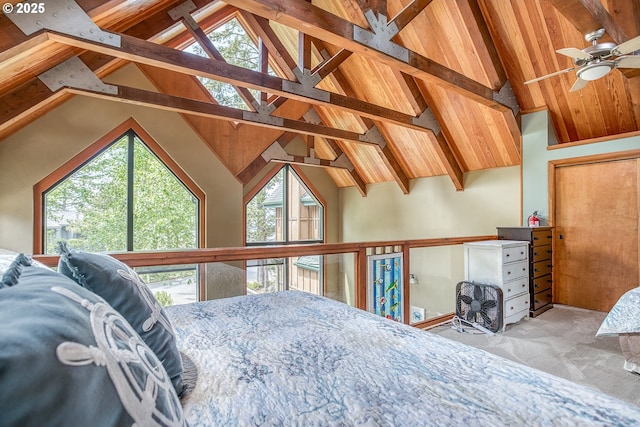 3360 NW Oceanview Dr, Newport, OR 97365 - carpeted bedroom featuring beam ceiling and high vaulted ceiling