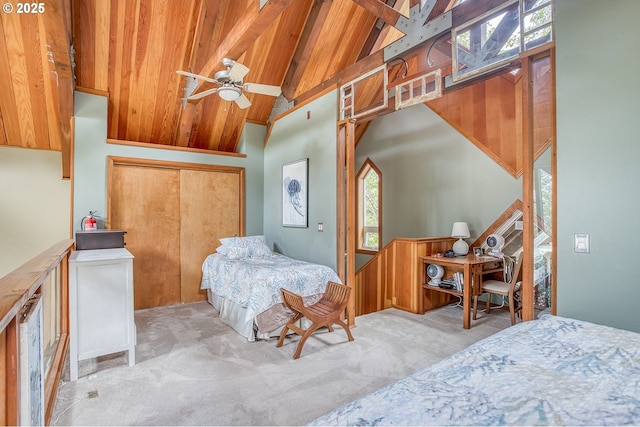 3360 NW Oceanview Dr, Newport, OR 97365 - carpeted bedroom with high vaulted ceiling, beamed ceiling, and a closet