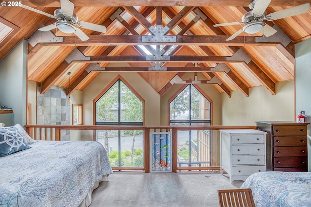 3360 NW Oceanview Dr, Newport, OR 97365 - carpeted bedroom with wooden ceiling with exposed beams and high vaulted ceiling