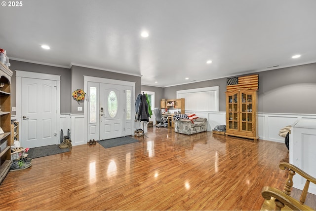 190 Walnut St, Myrtle Creek, OR 97457 - foyer entrance with a decorative wall, crown molding, wood finished floors, and recessed lighting