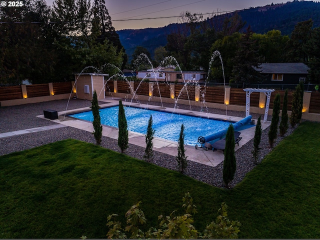 190 Walnut St, Myrtle Creek, OR 97457 - view of pool with a pergola, a mountain view, and an outbuilding