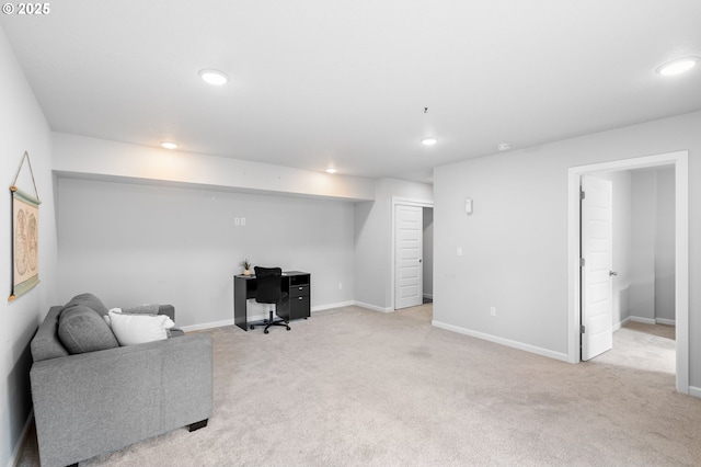 office space with recessed lighting, baseboards, and light colored carpet