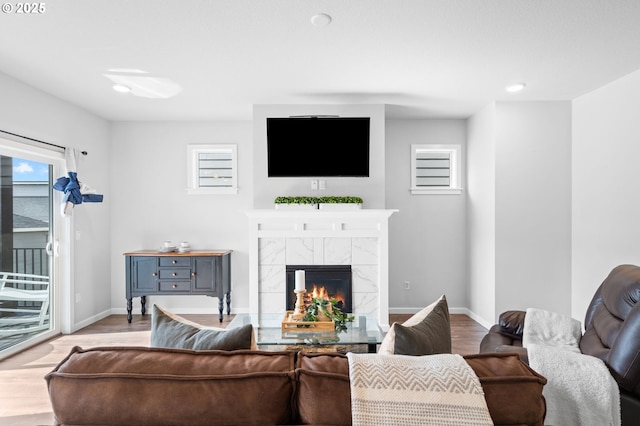 living area featuring light wood-type flooring, a healthy amount of sunlight, and a premium fireplace