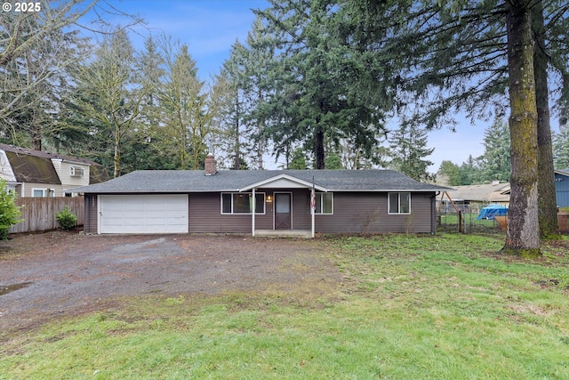 ranch-style home with a garage, a chimney, a front lawn, and fence