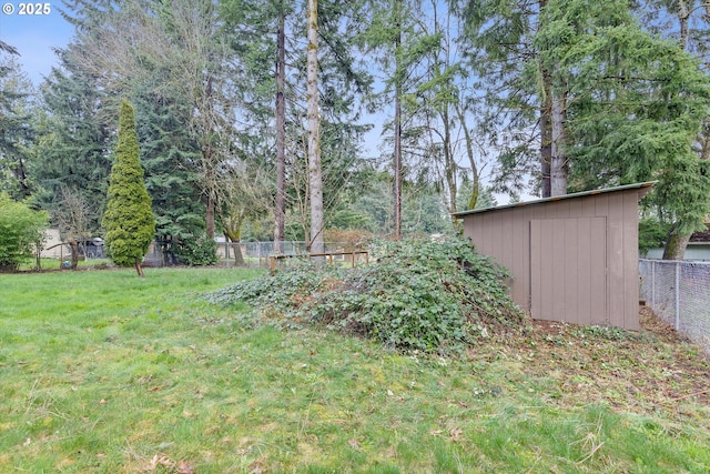 view of yard featuring a storage shed, an outbuilding, and a fenced backyard