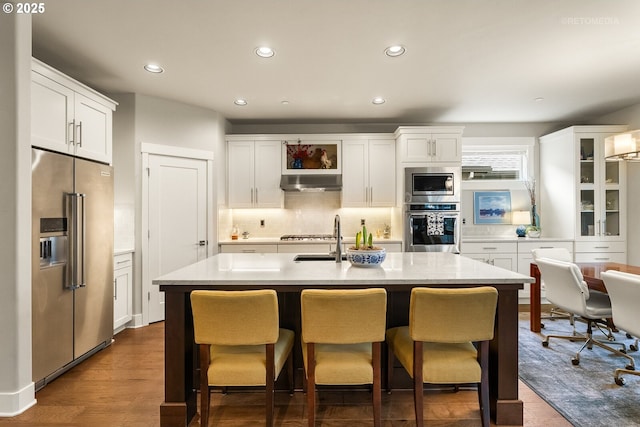 kitchen featuring under cabinet range hood, a sink, white cabinetry, stainless steel appliances, and decorative backsplash