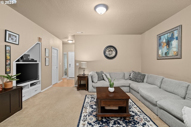 17011 SW Red Leaf Pl, Sherwood, OR 97140 - living room with light colored carpet, a textured ceiling, and baseboards
