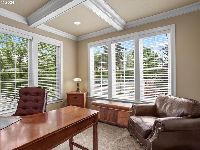 home office featuring crown molding and beam ceiling