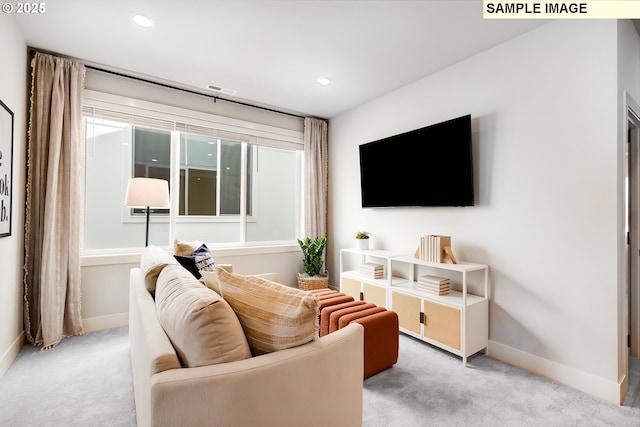 12100 SW Trask St, Beaverton, OR 97007 - living room with carpet floors, baseboards, visible vents, and recessed lighting