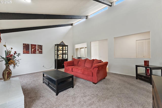 living area featuring high vaulted ceiling, baseboards, carpet flooring, and beam ceiling