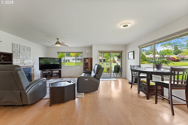 living area featuring light wood-style floors and ceiling fan