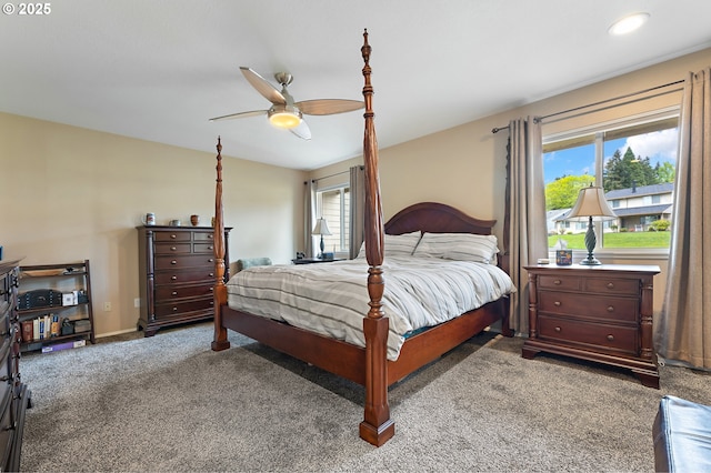 bedroom with carpet floors, a ceiling fan, baseboards, and recessed lighting