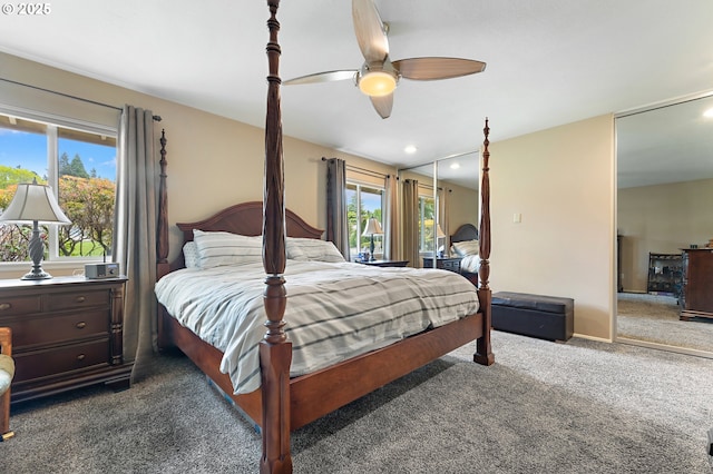 bedroom featuring recessed lighting, ceiling fan, multiple windows, and carpet