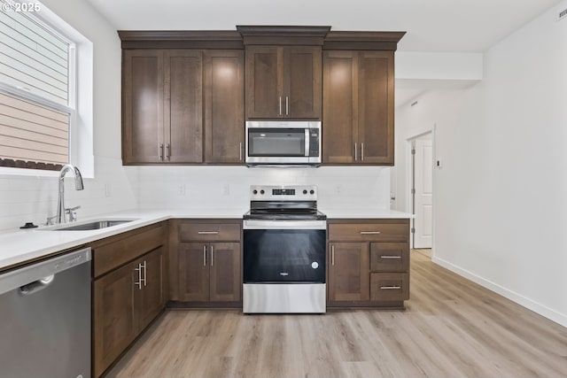 1912 NW 18th Ave, Battle Ground, WA 98604 - kitchen featuring decorative backsplash, light countertops, light wood finished floors, appliances with stainless steel finishes, and a sink
