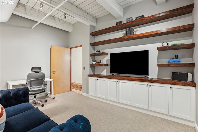 living room with wooden ceiling, beam ceiling, and light colored carpet