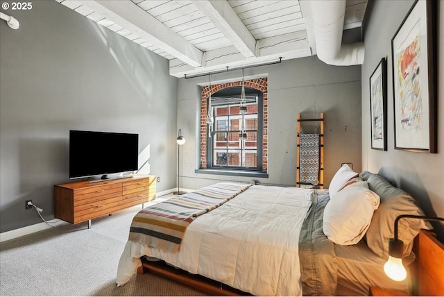 bedroom with wood ceiling, carpet flooring, beamed ceiling, and baseboards