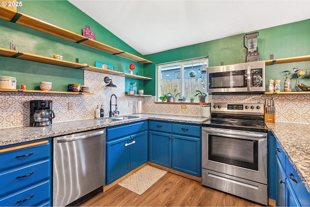 108 Watts Ave, Cascade Locks, OR 97014 - kitchen featuring appliances with stainless steel finishes, open shelves, lofted ceiling, and blue cabinetry