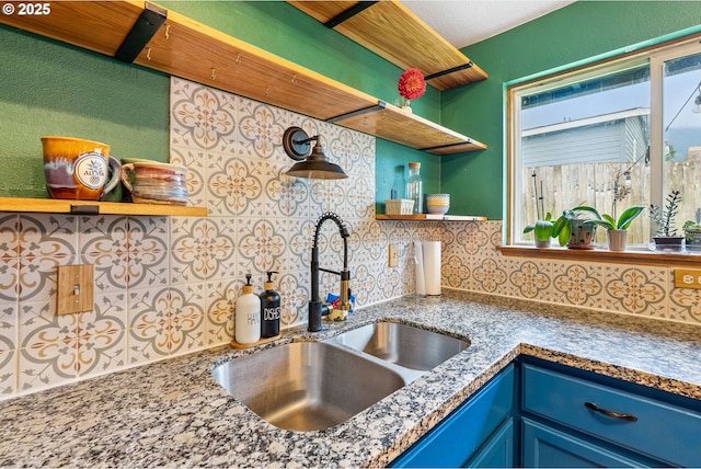 108 Watts Ave, Cascade Locks, OR 97014 - kitchen with open shelves, blue cabinetry, and tasteful backsplash