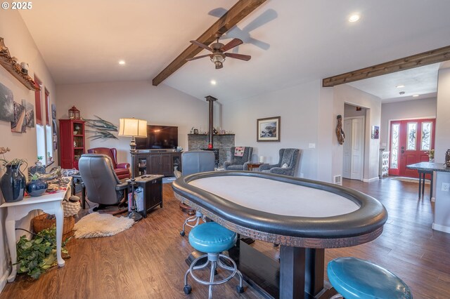 recreation room featuring recessed lighting, lofted ceiling with beams, a ceiling fan, visible vents, and wood finished floors