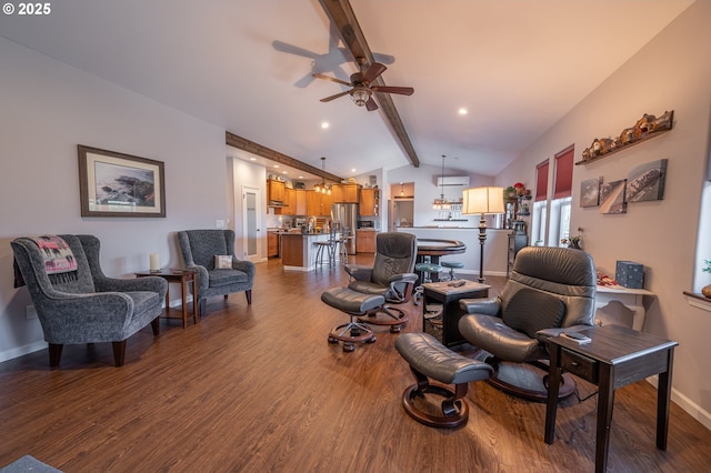 living area featuring dark wood finished floors, recessed lighting, lofted ceiling with beams, ceiling fan, and baseboards
