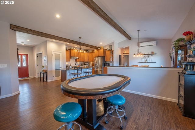 dining room featuring a wall mounted air conditioner, recessed lighting, and dark wood-type flooring