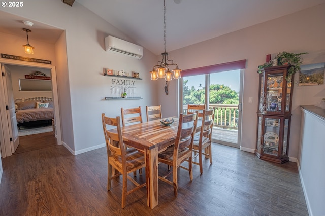 dining space featuring a wall unit AC, a chandelier, baseboards, vaulted ceiling, and wood finished floors