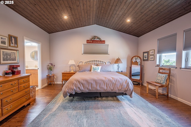 bedroom with wood ceiling, baseboards, vaulted ceiling, and dark wood finished floors